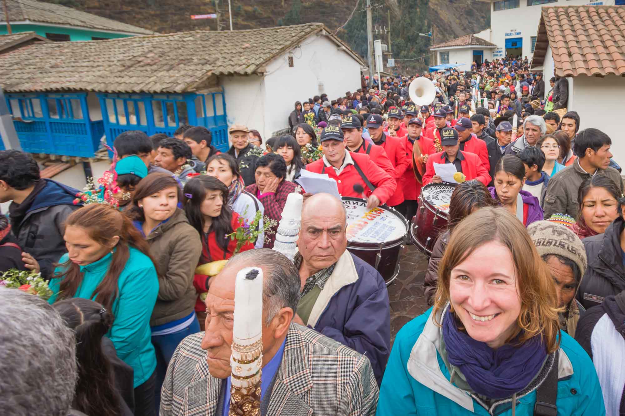 Aspiring guest Elke in the thick of the action on our Paucartambo cultural tour in Peru